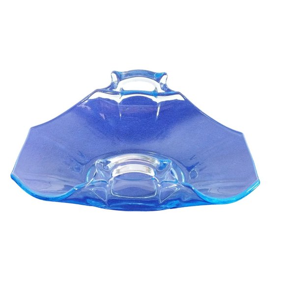 Candy Dish Candle Holder Blue Glass Folded Sides Decorative Handles Vintage - Picture 5 of 8